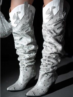 Cape Robbin White Crystal-Embellished Slouch Knee-High Boots